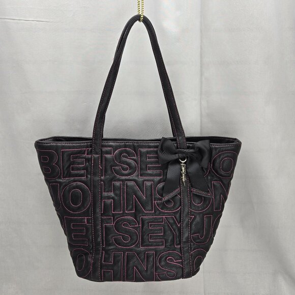 Betsey Johnson Black Bag with Pink Stitching & Black Bow - Picture 1 of 9